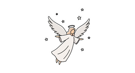 An illustration of a heavenly angel with outstretched arms, surrounded by stars.