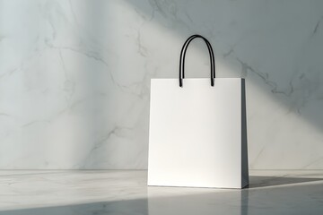 Elegant white shopping bag with black handles poised on a reflective marble surface with soft light casting shadows, perfect for retail branding mockups