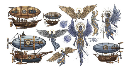A whimsical illustration showcasing steampunk airships and celestial angels in a detailed, artistic composition. © Wisnu505