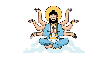 A serene figure with multiple arms meditates in a peaceful, spiritual pose.