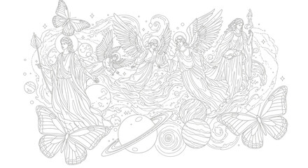 A detailed line art illustration depicting celestial figures with wings, butterflies, and planets.