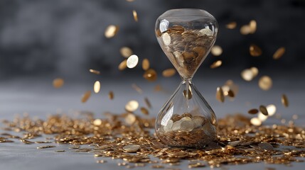 Hourglass displays falling coins symbolizing deadlines and time pressure. It represents financial management. AI generated