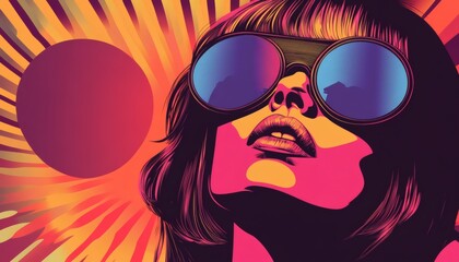 A vector illustration depicts a woman with short hair wearing large, round, blue sunglasses against a vibrant, sunburst background.
