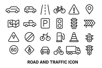 Road and traffic icons collection featuring vehicles, signs, and symbols for transportation and navigation