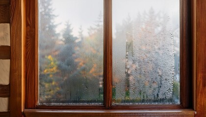 textured foggy window panes with streaking condensation and warm wooden frame on a cold day
