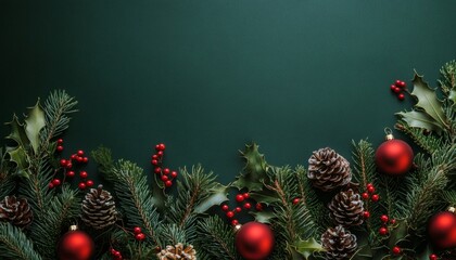 The image shows a festive arrangement of pine branches, holly leaves, red berries, pine cones, and red Christmas ornaments against a dark green background.
