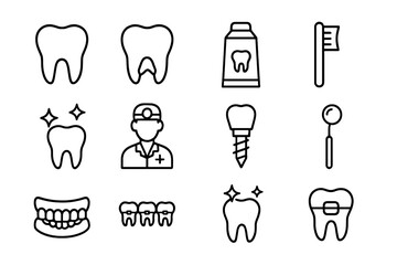 Dental care icons showing various tools and symbols related to oral health and hygiene activities