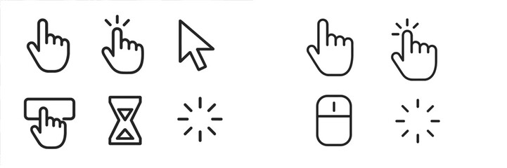 Collection of digital interaction icons showing hand gestures, mouse symbols, and loading indicators related to technology use