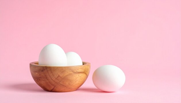 white eggs resting in and beside a small round wooden bowl on soft pink background - Powered by Adobe