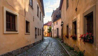 Fototapeta premium A sun-drenched alleyway winds through charming, pastel-hued buildings, filled with vibrant flower boxes.