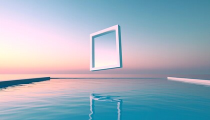 A surreal, minimalist scene featuring a floating white frame above a reflective infinity pool at sunrise.