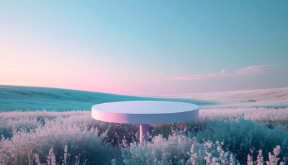Minimalist white circular podium in a serene, pastel-colored field at dawn, surrounded by soft, frosted grass under a gradient sky.