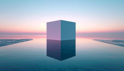 A serene, minimalist composition featuring a reflective cube floating on a tranquil water surface with a soft, pastel sky.