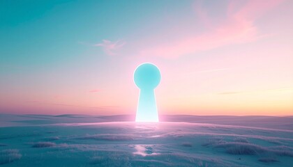 Surreal keyhole portal in a dreamy landscape at sunset.