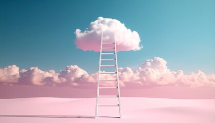 A white ladder reaches up to a single fluffy cloud in a surreal, dreamlike pastel landscape, symbolizing ambition and aspiration.