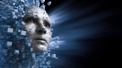 Human face forming from abstract cubes of binary code morphing motion. AI generatedHuman Face Emerging From Blocks of Code.