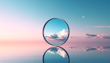 A surreal circular mirror reflecting a serene sky with fluffy clouds over calm water at sunset.