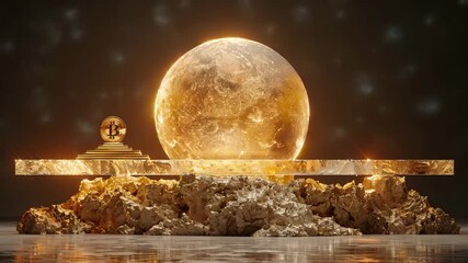 Golden bitcoin symbol and glowing sphere on a rocky platform with reflective surface, representing cryptocurrency and digital asset investment 4k video - Powered by Adobe