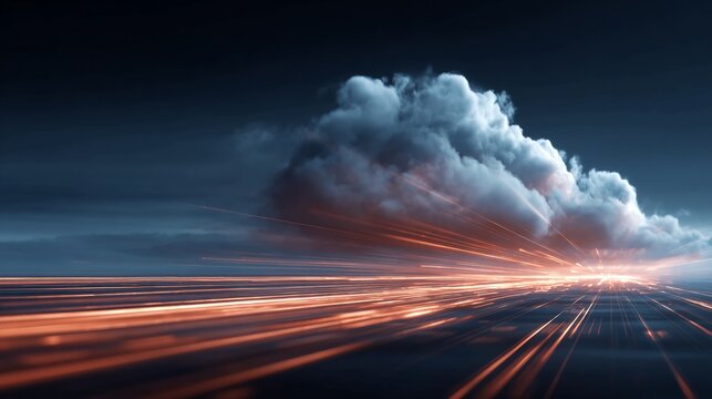 Dynamic digital data streams powerfully connecting with a vibrant cloud computing network under a dramatic sky, symbolizing advanced technology and high-speed innovation.