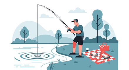 Man Fishing By Lake At Picnic With Graphic Illustration And Flat Design