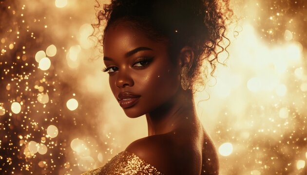 A young woman with dark skin and curly hair is wearing a gold glitter dress and earrings, posing against a bokeh background of gold light. - Powered by Adobe