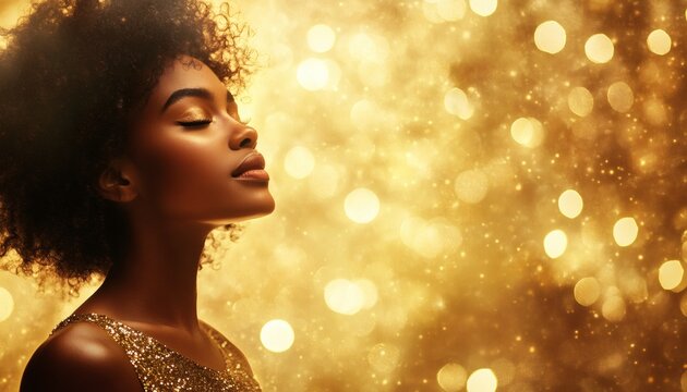 The image shows a young Black woman with her eyes closed, wearing a gold sequined dress, set against a bokeh background of gold circles.