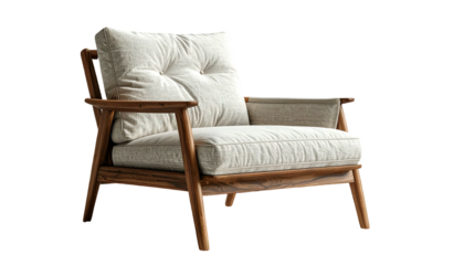 Comfortable upholstered armchair, featuring a wooden frame and light-colored cushions, is isolated against a stark black background, perfect for design concepts and presentations, exhibiting modern...