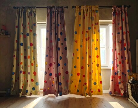 Colorful curtains with a polka dot design brighten a room by a window. - Powered by Adobe