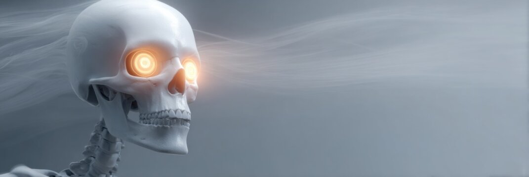 A skeleton head with bright glowing eyes appears in a misty backdrop, creating a unique blend of eerie and surreal elements that captivate viewers.
