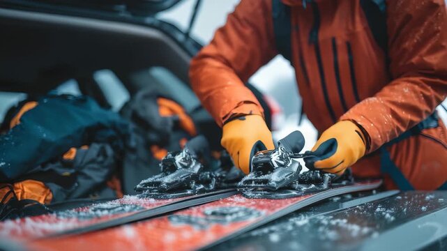 Closeup person in bright winter gear adjusting ski bindings on car trunk, surrounded by snow, equipment, ready for mountain skiing adventure, showcasing preparation, travel, winter sports excitement