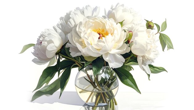 A lovely arrangement of white peonies in a clear glass vase, showcasing detailed blossoms and lush green foliage against a bright white background. - Powered by Adobe