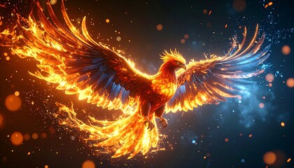 Fiery Bird Flying with Burning Wings in a Dramatic Space