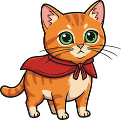 Cute orange tabby cat with green eyes wearing red cape adorable cartoon pet vector illustration