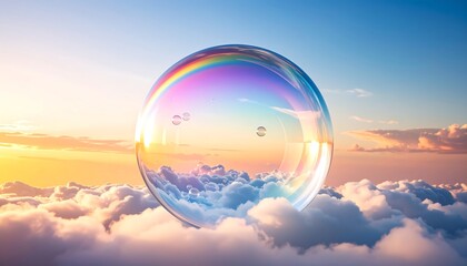 Floating Bubble Above Clouds with Rainbow Sky Reflection