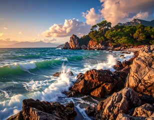 Dramatic ocean waves crash against rocky shoreline at sunset, painting the scene with vibrant colors and a powerful energy.