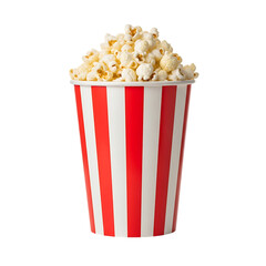 Delicious fresh popcorn overflowing from a classic red and white striped container, perfect for cinema