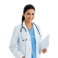 Smiling female doctor with stethoscope and medical charts ready to help patients