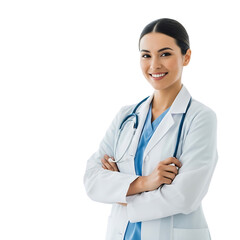Smiling female doctor with stethoscope, professional healthcare worker, confident pose