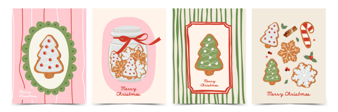 Christmas hand drawn vintage greeting card set with gingerbread cookies in the shape of snowflakes, Christmas tree, candy cane, whimsical lines and frames. Holiday poster, invitation, cover. - Powered by Adobe