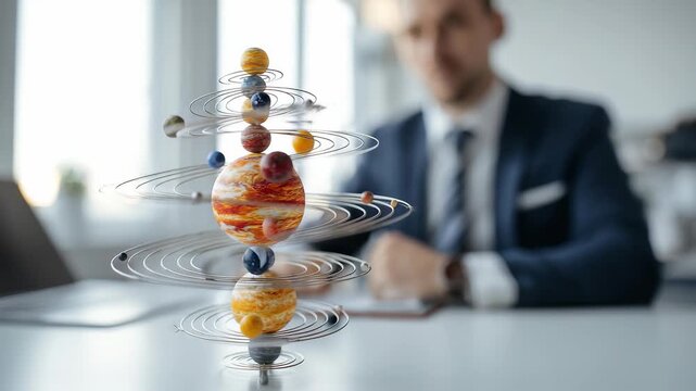 A creative workspace features a solar system model in the foreground, with a professional man blurred in the background. This image highlights astronomy, education, and visionary business concepts