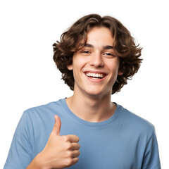 Happy young man giving thumbs up with a wide, genuine smile radiating positivity and success