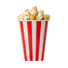 Classic red and white striped bucket overflowing with delicious caramel and plain popcorn snacks