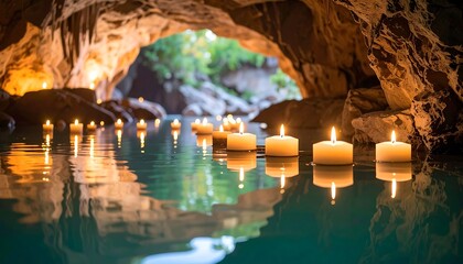 Floating Candles in a Cave Reflecting on Water with Soft Lighting