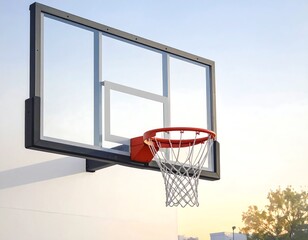 An exterior basketball hoop with a clear backboard against a pale sky.