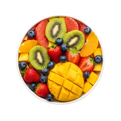 Vibrant fruit salad bowl filled with fresh strawberries, kiwi, mango, and blueberries