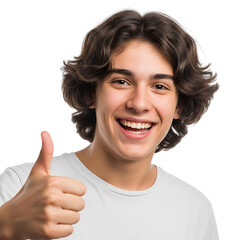 Young man enthusiastically giving thumbs up with a joyful, confident smile