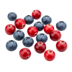Fresh blueberries and vibrant cranberries scattered artfully, perfect for healthy recipes and designs.