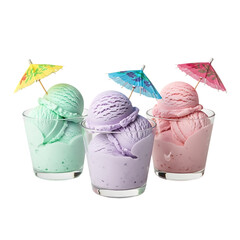 Refreshing colorful ice cream scoops adorned with festive umbrellas, perfect for summer delight