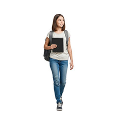 Young student with backpack and notebook walking confidently, ready for school and learning