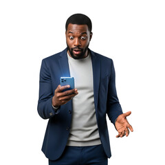 Shocked African American businessman reacts to surprising news on his mobile phone